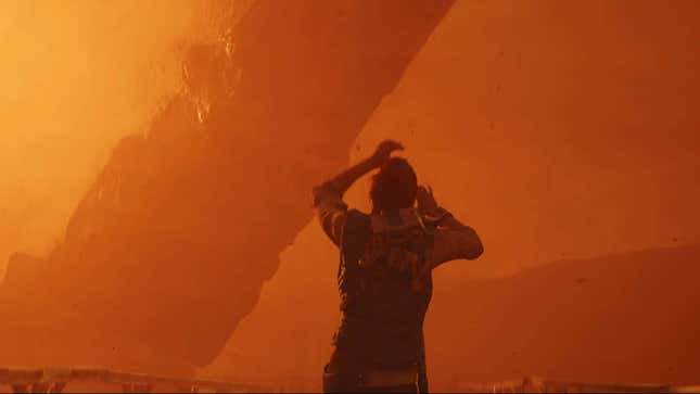 A man walking through an orange sandstorm on a strange alien planet. 