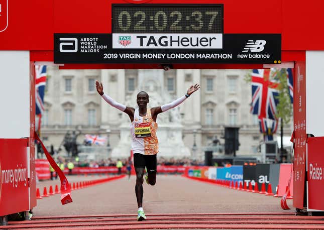 Kenya’s Eliud Kipchoge celebrates winning the men’s race and setting a new course record for London Marathon last month