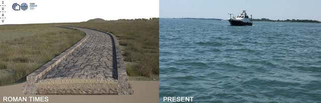 Una reconstrucción del aspecto que pudo haber tenido la carretera en la época romana (izquierda) y el lugar actual (derecha).