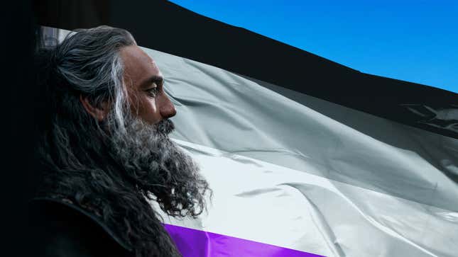 Blackbeard (Taika Waititi) superimposed on the Asexual (Ace) Pride flag.