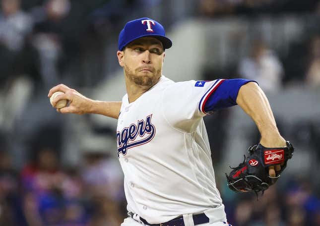 Apr 11, 2023; Arlington, Texas, USA;  Texas Rangers starting pitcher Jacob deGrom (48) throws during the fourth inning against the Kansas City Royals at Globe Life Field.