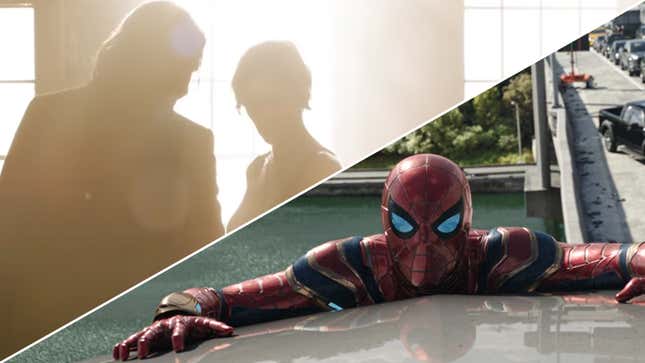 Neo and Trinity as they appear in The Matrix Resurrections, and Spider-Man's Iron Spider suit in No Way Home.