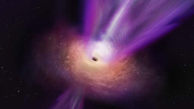 An artist's illustration of the black hole at the heart of M87 spewing forth a massive jet.