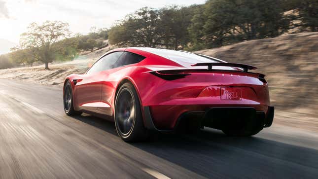 A Tesla press image of the red 2017 Roadster prototype, viewed from the rear quarter.