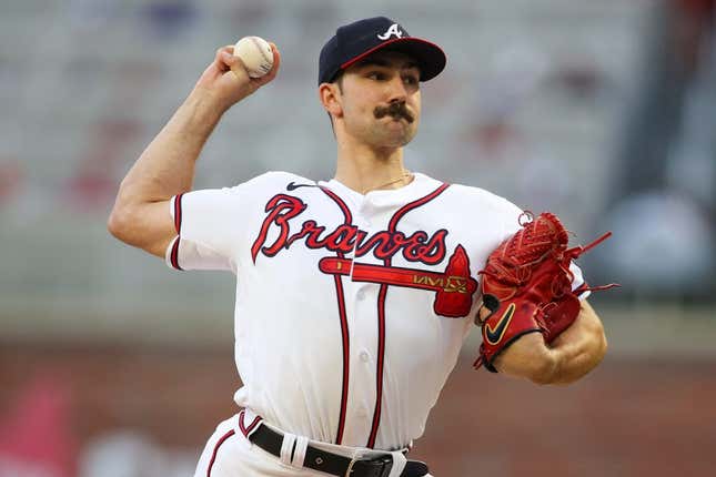 Aug 1, 2023; Atlanta, Georgia, USA; Atlanta Braves starting pitcher Spencer Strider (99) throws against the Los Angeles Angels in the second inning at Truist Park.