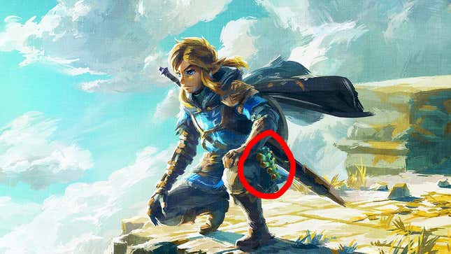 Link crouched on a platform, with a strange new device on his hip.