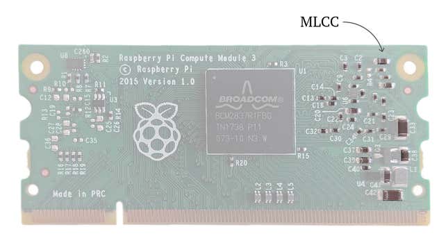 Annotated graphic of a Raspberry Pi computer pointing out the tiny MLCCs on the board.