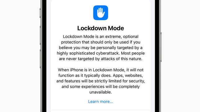 Image for article titled Apple Debuts &#39;Lockdown Mode&#39; to Protect iPhone Users From Mercenary Spyware Attacks