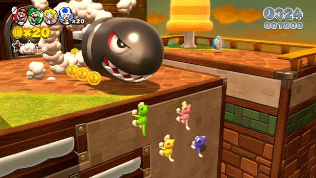 Mario and friends scurry up a wall in cat costumes while a giant bullet fires out of the wall.