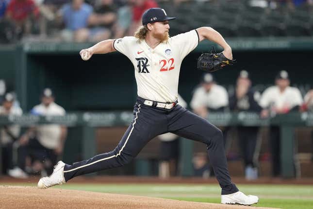 Jun 2, 2023; Arlington, Texas, USA; Texas Rangers starting pitcher Jon Gray (22) throws against the Seattle Mariners during the first inning at Globe Life Field.