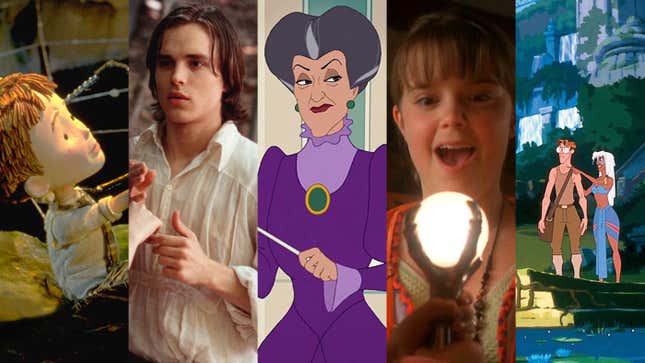 Clockwise from left: James and the Giant Peach, Tuck Everlasting, Cinderella III: A Twist in Time, Halloweentown, and Atlantis: The Lost Empire.