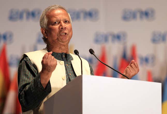 FILE- Muhammad Yunus, Nobel Prize Winner and Founder of Grameen Bank, speaks during the opening ceremony for the One Young World summit at Soccer City in Johannesburg, South Africa, Wednesday, Oct. 2, 2013. 160 global leaders including more than 100 Nobel laureates have written an open letter on Monday, Aug. 28, 2023, to the Bangladeshi Prime Minister Sheikh Hasina, urging her to suspend judicial proceedings against Nobel laureate Muhammad Yunus for alleged violation of labor laws. Supporters of Yunus say the charges are politically motivated because of differences he has with the prime minister. (AP Photo/Themba Hadebe, File)