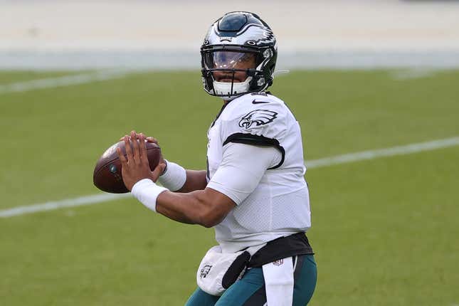 Jalen Hurts #2 of the Philadelphia Eagles warms up prior to their game against the Green Bay Packers at Lambeau Field on December 06, 2020 in Green Bay, Wisconsin.