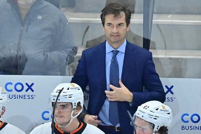 Jan 24, 2023; Tempe, Arizona, USA; Anaheim Ducks head coach Dallas Eakins look on in the second period against the Arizona Coyotes at Mullett Arena.