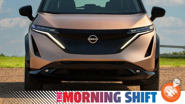 Nissan press image of the front of an Ariya EV with a Jalopnik "The Morning Shift" banner over top.