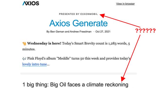 A screenshot of Axios Generate newsletter on Wednesday, the day before a major hearing to hold Big Oil to account for misinformation.