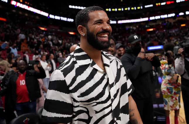 Drake reacts after attending the game between the Miami Heat and the Atlanta Hawks at FTX Arena on January 14, 2022 in Miami, Florida.
