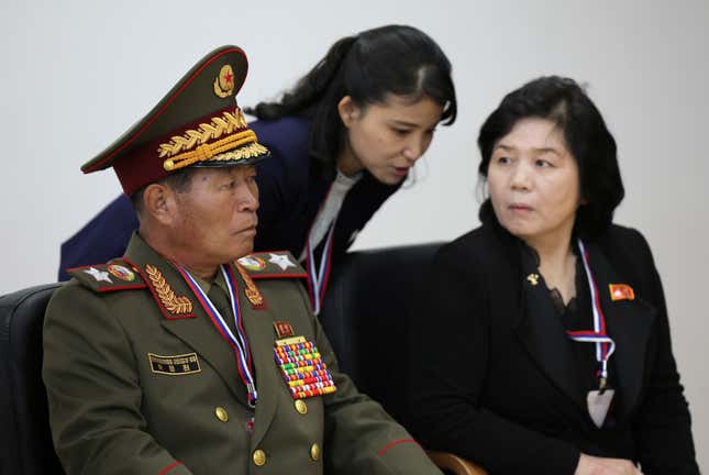 North Korean Marshal Pak Jong-chon, left, and Foreign Minister Choe Son-hui, right, attend a meeting of Russian President Vladimir Putin and North Korea&#39;s leader Kim Jong Un at the Vostochny cosmodrome outside the city of Tsiolkovsky, about 200 kilometers (125 miles) from the city of Blagoveshchensk in the far eastern Amur region, Russia, on Wednesday, Sept. 13, 2023. (Vladimir Smirnov, Sputnik, Kremlin Pool Photo via AP)