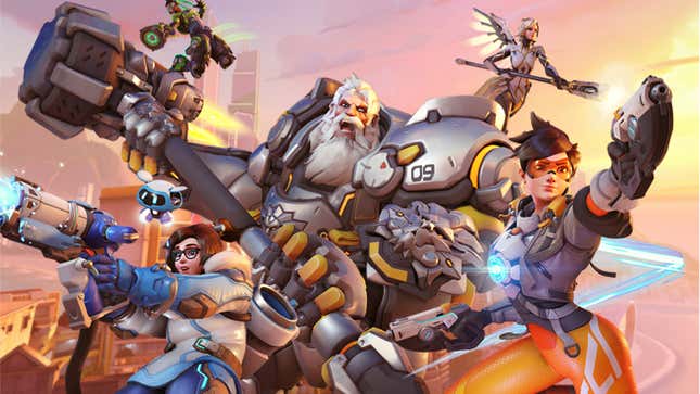 Mei, Reinhardt, Tracer, Lucio, and Mercy are seen springing into action.