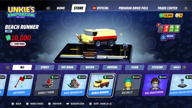 A screenshot of some items you can purchase in Unkie's Emporium in Lego 2K Drive.