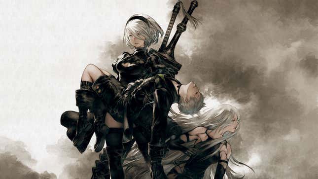 Android 2B holds an unconscious 5S from Yoko Taro's Nier: Automata.