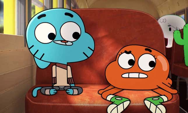 Gumball (left) and Darwin (right) Watterson have a chat on the school bus.