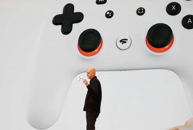Google vice president and general manager Phil Harrison speaks during a Google keynote address announcing a new video gaming streaming service named Stadia that attempts to capitalize on the company’s cloud technology and global network of data centers, at the Gaming Developers Conference in San Francisco, California, U.S., March 19, 2019. REUTERS/Stephen Lam – HP1EF3J1ENKEA