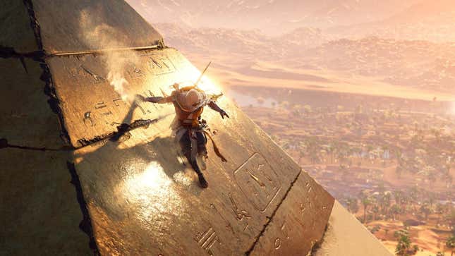 Assassin's Creed Origins' Bayek slides down a pyramid. 