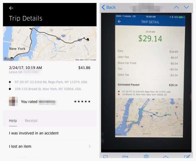The passenger (left) paid $41.86 for this trip, while the driver (right) saw the fare as $34.85. After Uber’s fee and other deductions, the driver earned $29.14. While the drop-off locations appear slightly different, Quartz confirmed the images are from the same trip.