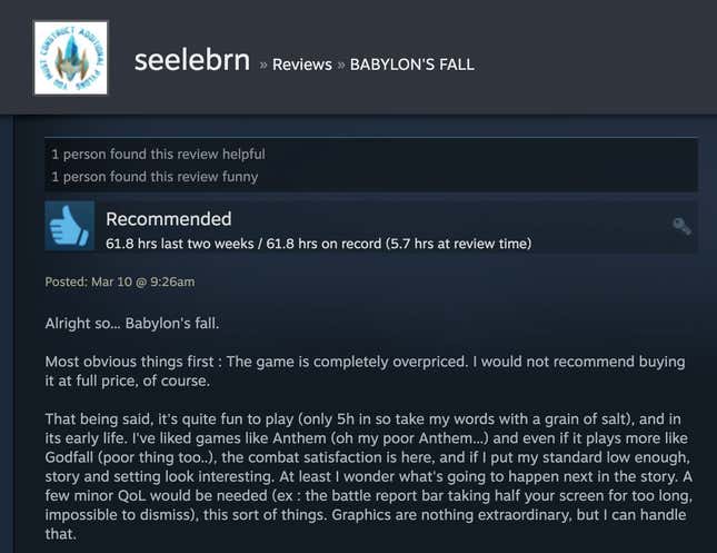 Image for article titled Babylon’s Fall, As Told By Steam Reviews