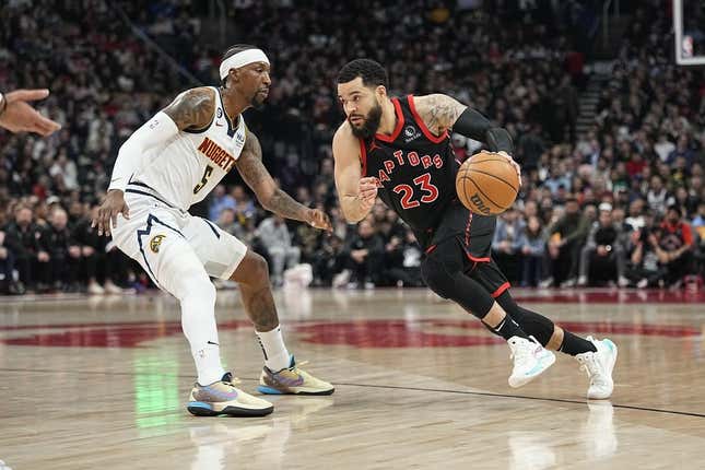 Mar 14, 2023; Toronto, Ontario, CAN; Toronto Raptors guard Fred VanVleet (23) dribbles the basketball against Denver Nuggets guard Kentavious Caldwell-Pope (5) during the first half at Scotiabank Arena.