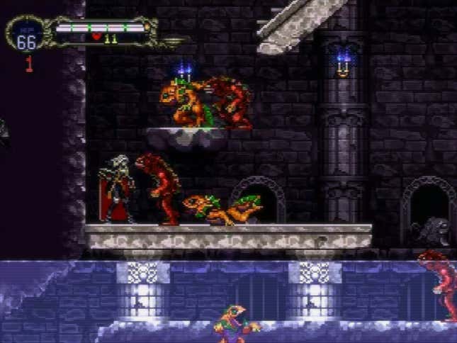 The protagonist of Castlevania fights some lizzard people.