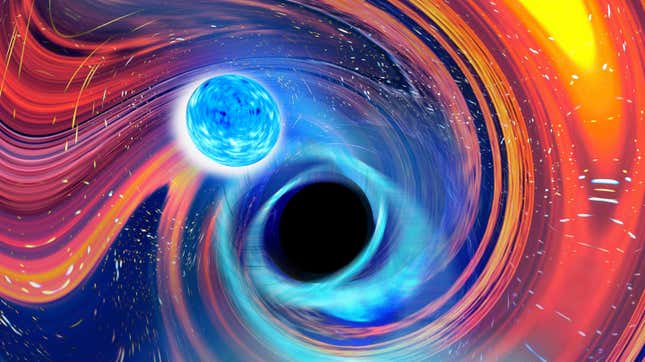 The black hole pulls the blue neutron star in before devouring it.