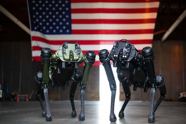 Ghost Robotics Quadruped Unmanned Ground Vehicles (Q-UGV) pose for a photo at Cape Canaveral Space Force Station, Fla., July 27, 2022.