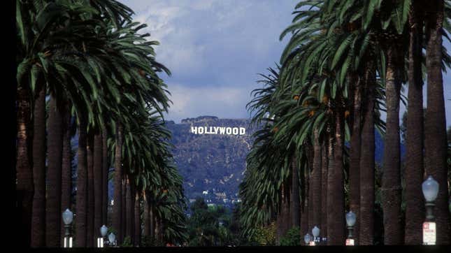 A street lined with Palm Trees, with the Hollywood sign on the hill in the distance