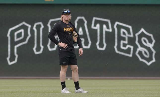 Aug 12, 2023; Pittsburgh, Pennsylvania, USA; Pittsburgh Pirates center fielder Jack Suwinski (65) looks on before the game against the Cincinnati Reds at PNC Park.