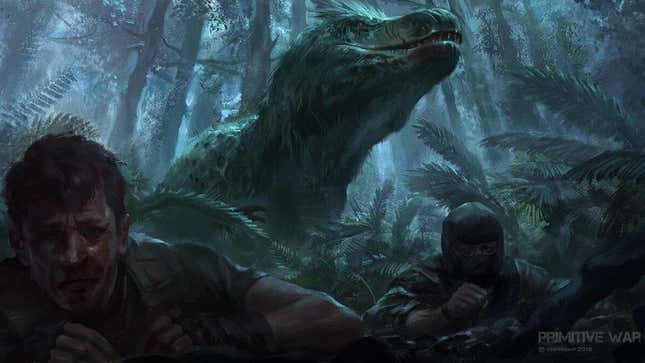 A dinosaur with soldiers in the jungle