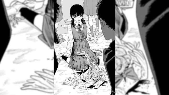 Bucky's chicken guts splatter all over Mitaka's dress.