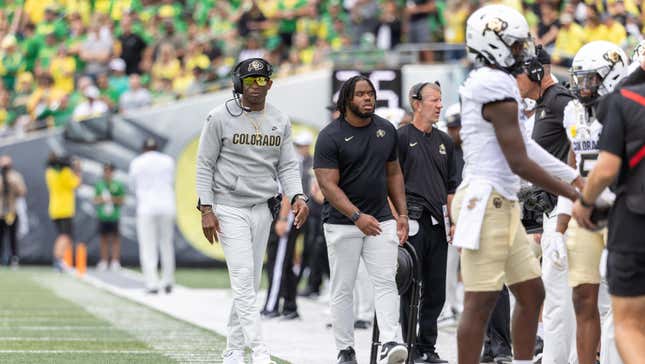 Head coach Deon Sanders of the Colorado Buffaloes walks on the sidelines against the Oregon Ducks during the second half at Autzen Stadium on September 23, 2023 in Eugene, Oregon. 