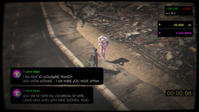 A faux stream screen in which an alien is offering clothing to No More Heroes protagonist Travis Touchdown.