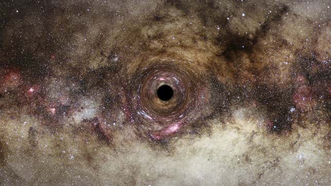 An artist's depiction of a black hole warping the light surrounding it.