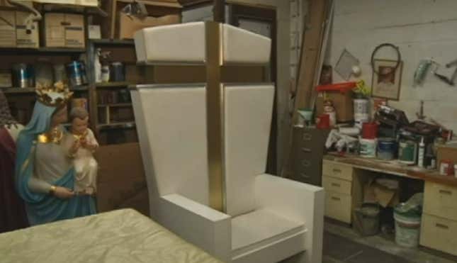 Pope Benedict’s old throne at the E. Gargiulo & Sons Painters in Mount Vernon, NY.