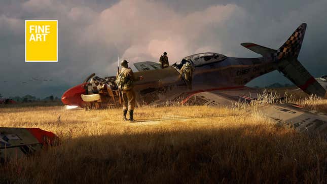 An illustration of a crashed P-51 Mustang