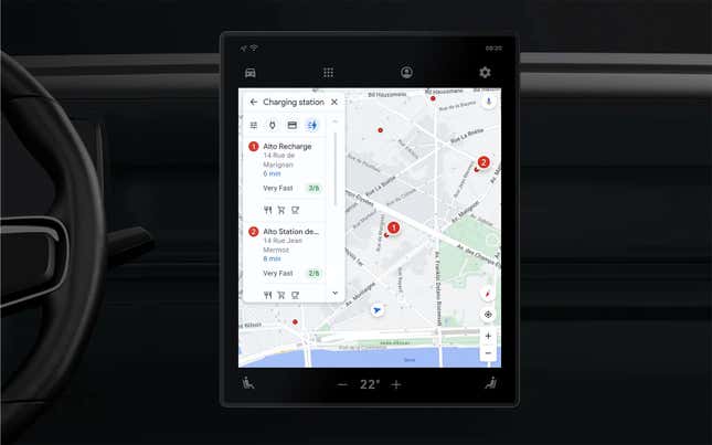 Image of Google Maps interface showing "very fast" charging stations in search results.