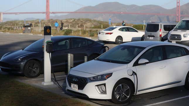  Electric vehicles recharge their batteries at the East Crissy Field charge station on March 09, 2022 in San Francisco, California.