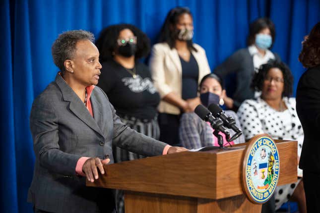 Mayor Lori Lightfoot speaks about funding reproductive health resources during a news conference at City Hall, Monday, May 9, 2022, in Chicago.