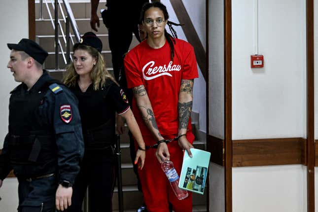 Brittney Griner arrives to a hearing at the Khimki Court, outside Moscow on July 7, 2022. (Photo by Kirill KUDRYAVTSEV / AFP) (Photo by KIRILL KUDRYAVTSEV/AFP via Getty Images)