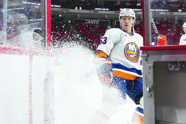 Apr 2, 2023; Raleigh, North Carolina, USA;  New York Islanders center Casey Cizikas (53) comes off the ice after the warmups before a game against the Carolina Hurricanes at PNC Arena.