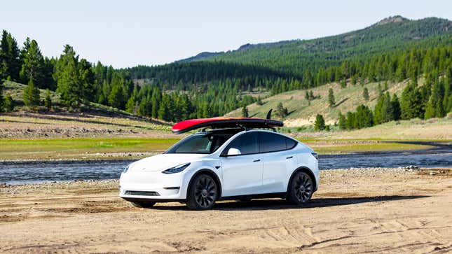 A photo of a Tesla Model Y electric SUV. 