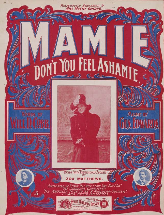 The sheet music cover for “Mamie (don’t you feel ashamie),” 1901
